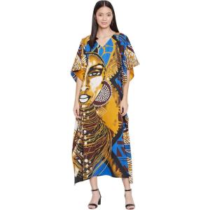 imageOussum Long Caftan for Women Plus Size Beach Cover Up Casual Kaftan Maxi Gown Dress Loungewear House Dresses for SummerMulticolor Gold and Blue Lady Print Caftan