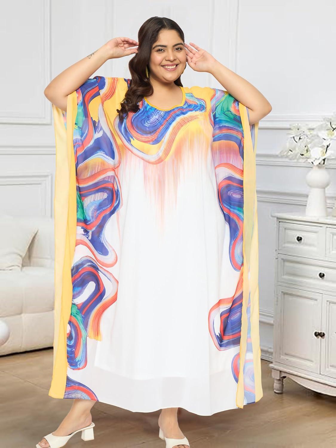 imagePlus Size Women Kaftan Round Neck Georgette Maxi Gown Cover Up Dress for Special OccasionsMulticolor