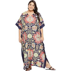 imageGoood Times Kaftan Dress Plus Size Polyester Long Maxi Beach Cover Ups Caftan Loungewear House Dresses for WomenNavy Blue Floral