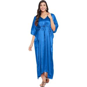 imageOussum Women Plus Size Kaftan Satin Maxi Dress Long Caftan Casual Cover Ups Sateen Nightdress Nighty for SummerBlue Aster