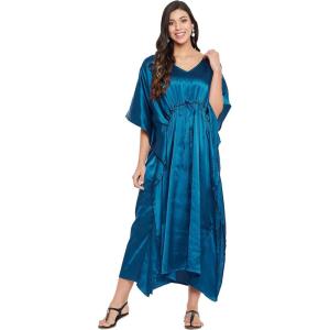 imageOussum Women Plus Size Kaftan Satin Maxi Dress Long Caftan Casual Cover Ups Sateen Nightdress Nighty for SummerCorsair Blue Solid Kaftan