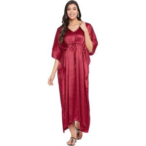 imageOussum Women Plus Size Kaftan Satin Maxi Dress Long Caftan Casual Cover Ups Sateen Nightdress Nighty for SummerJester Red Solid Kaftan