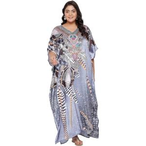 imageOussum Women Silky Satin Long Kaftan Plus Size Beach Soft Caftan Dresses Sateen Swimsuit Cover Ups Maxi Gown DressGray Feather Kaftan