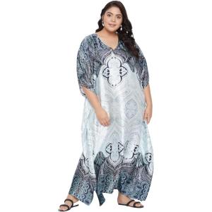 imageOussum Women Silky Satin Long Kaftan Plus Size Beach Soft Caftan Dresses Sateen Swimsuit Cover Ups Maxi Gown DressMint Paisley Kaftan