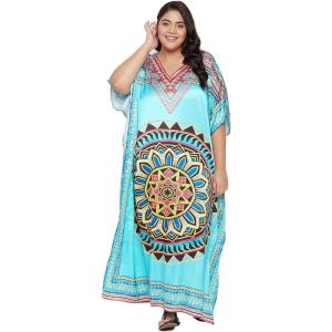imageOussum Women Silky Satin Long Kaftan Plus Size Beach Soft Caftan Dresses Sateen Swimsuit Cover Ups Maxi Gown DressTurquoise Mandala Kaftan