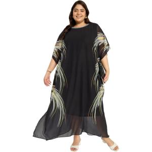 imageWomen Kaftan Dress Georgette Print Round Neck Missy Size Maxi Kimono Dresses Party Gown Stylish Evening WearBlack Plant