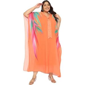 imageWomen Plus Size Georgette Kaftan Dress Evening Wear VNeck Maxi Dresses Kimono SleeveOrange