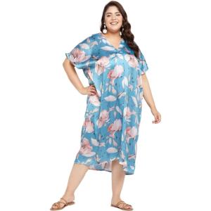 imageWomen Plus Size Satin Silk Casual Midi Length Kaftan Evening Dress Beach Cover UpPastel Blue