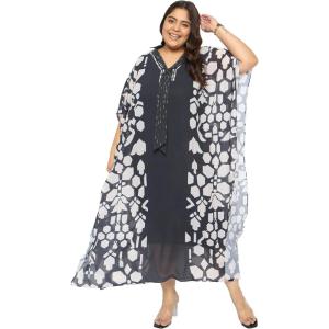 imageWomen Kaftan Dress Stylish Georgette Kimono Missy Size Maxi Dresses Party Gown for Evening WearBlack Geometric