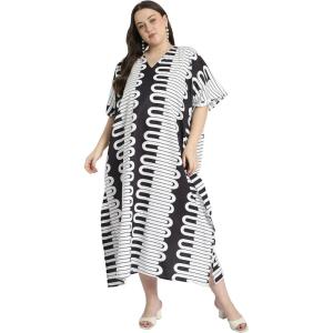 imagePlus Size Women Kaftan Dress Kimono Sleeve Casual Maxi Dresses Beach Cover Up for LadiesBlack  White Geometric
