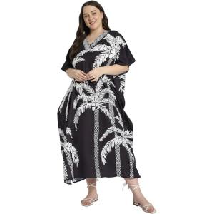 imagePlus Size Women Kaftan Dress Kimono Sleeve Casual Maxi Dresses Beach Cover Up for LadiesBlack Coconut Tree