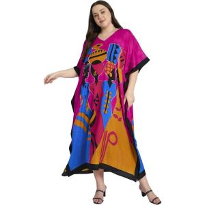 imagePlus Size Women Kaftan Dress Kimono Sleeve Casual Maxi Dresses Beach Cover Up for LadiesDark Pink