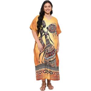 imagePlus Size Women Kaftan Dress Kimono Sleeve Casual Maxi Dresses Beach Cover Up for LadiesGolden Orange