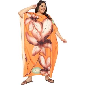 imagePlus Size Women Kaftan Dress Kimono Sleeve Casual Maxi Dresses Beach Cover Up for LadiesPastel Orange