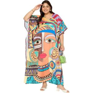 imagePlus Size Women Kaftan Dress Kimono Sleeve Casual Maxi Dresses Beach Cover Up for LadiesYellow  Turquoise