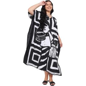 imageWomen Plus Size Caftan Dress Polyester Evening Maxi Gown Dresses Kimono Sleeve for Party KaftanBlack  White Tribal