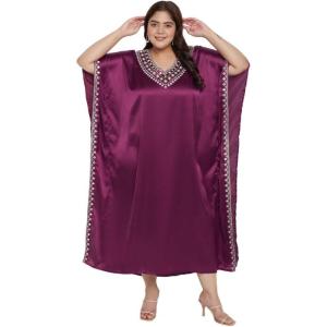 imageWomen Long Embroidered Dubai Kaftan Satin Silk Maxi Dress Plus Size Embroidery African Caftan for Wedding PartyPurple Passion