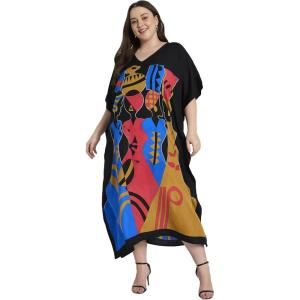 imagePlus Size Women Kaftan Dress Kimono Sleeve Casual Maxi Dresses Beach Cover Up for LadiesBlack Lady Tribal