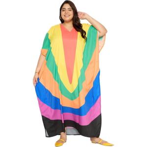 imagePlus Size Women Kaftan Dress Kimono Sleeve Casual Maxi Dresses Beach Cover Up for LadiesOrange  Black