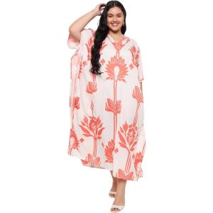 imagePlus Size Women Kaftan Dress Kimono Sleeve Casual Maxi Dresses Beach Cover Up for LadiesOrange  White