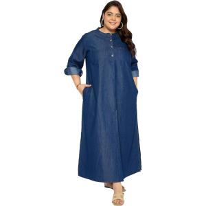 imageCasual Fashion Denim Long Shirt Dress Plus Size Button Down Jean Top Party Dress for Women