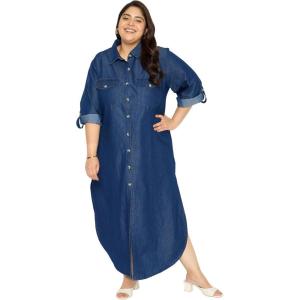 imageWomen Denim Stylish Long Shirt Dress Plus Size Button Down Jean Top Beach Party Dresses for Ladies Girls