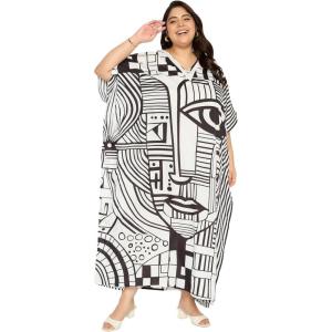 imageCaftans for Women Plus Size Polyester Beach Kaftan Cover Up African Long Kimonos Printed House DressesBlack  White