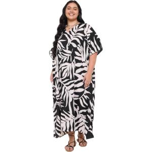 imageCaftans for Women Plus Size Polyester Beach Kaftan Cover Up African Long Kimonos Printed House DressesBlack  White Leaf Print