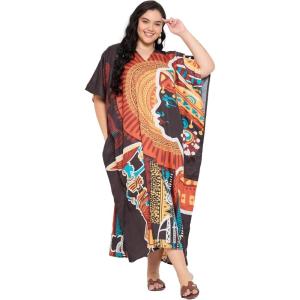 imageCaftans for Women Plus Size Polyester Beach Kaftan Cover Up African Long Kimonos Printed House DressesBlack Tribal Lady