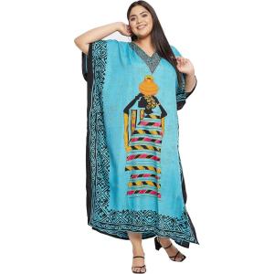 imageCaftans for Women Plus Size Polyester Beach Kaftan Cover Up African Long Kimonos Printed House DressesTurquoise Blue