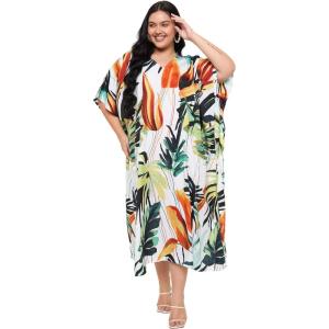 imageCaftans for Women Plus Size Polyester Beach Kaftan Cover Up African Long Kimonos Printed House DressesWhite Tropical Leaf