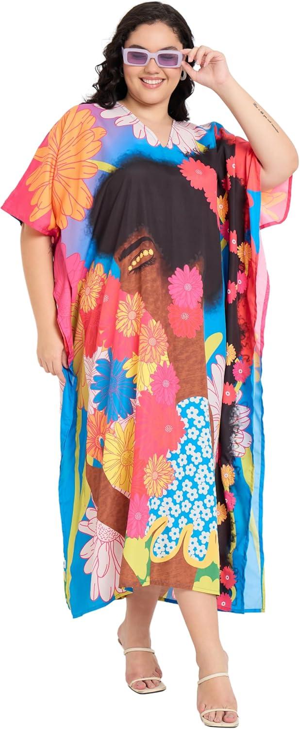 imageWomen Plus Size Caftans Polyester Bathing Suit Cover Up Dubai Kaftan Maxi House Dresses for SummerMulticolour Lady Print
