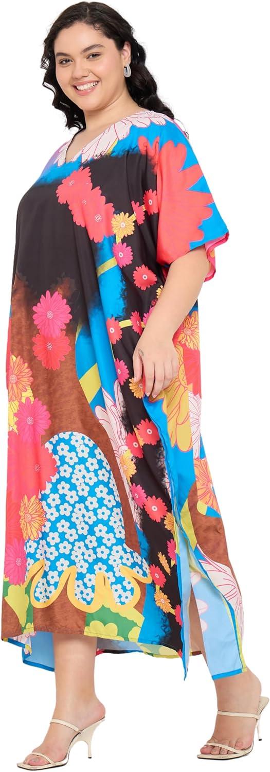imageWomen Plus Size Caftans Polyester Bathing Suit Cover Up Dubai Kaftan Maxi House Dresses for SummerMulticolour Lady Print