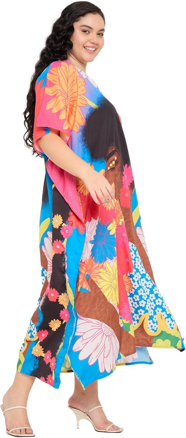 imageWomen Plus Size Caftans Polyester Bathing Suit Cover Up Dubai Kaftan Maxi House Dresses for SummerMulticolour Lady Print