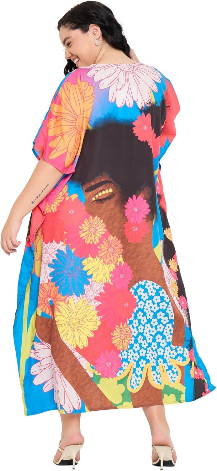 imageWomen Plus Size Caftans Polyester Bathing Suit Cover Up Dubai Kaftan Maxi House Dresses for SummerMulticolour Lady Print