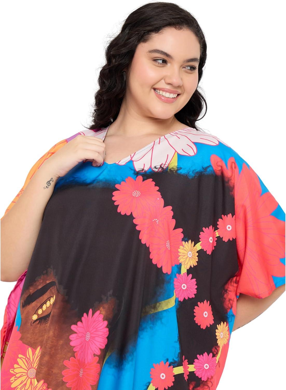 imageWomen Plus Size Caftans Polyester Bathing Suit Cover Up Dubai Kaftan Maxi House Dresses for SummerMulticolour Lady Print