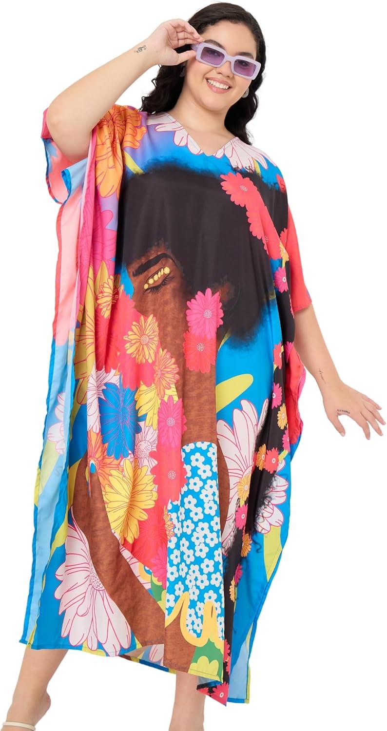 imageWomen Plus Size Caftans Polyester Bathing Suit Cover Up Dubai Kaftan Maxi House Dresses for SummerMulticolour Lady Print