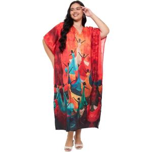 imagePlus Size Women Kaftan Dress Polyester Long Beach Cover Up Maxi Mumu Dresses for Bathing CaftanRed