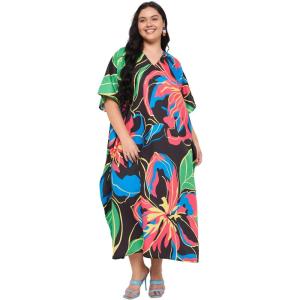 imageWomen Plus Size Caftans Polyester Bathing Suit Cover Up Dubai Kaftan Maxi House Dresses for SummerBlack Tropical Floral