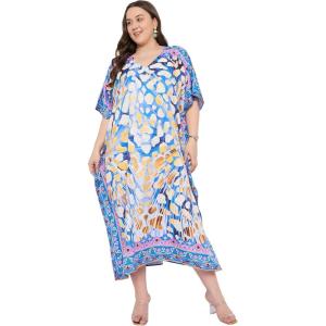 imageWomen Plus Size Caftans Polyester Bathing Suit Cover Up Dubai Kaftan Maxi House Dresses for SummerBlue Abstract Print