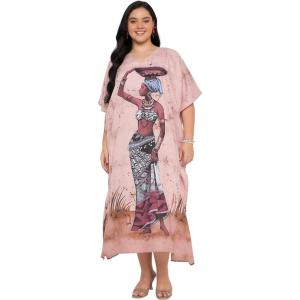 imageWomen Plus Size Caftans Polyester Bathing Suit Cover Up Dubai Kaftan Maxi House Dresses for SummerBrown Lady Print