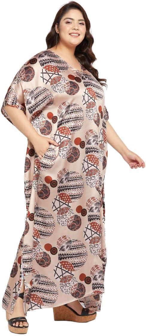 imageCaftans for Women Plus Size Long Satin Pocket Kaftan Dress Beach Swimsuit Cover Up Maxi House DressesBeige