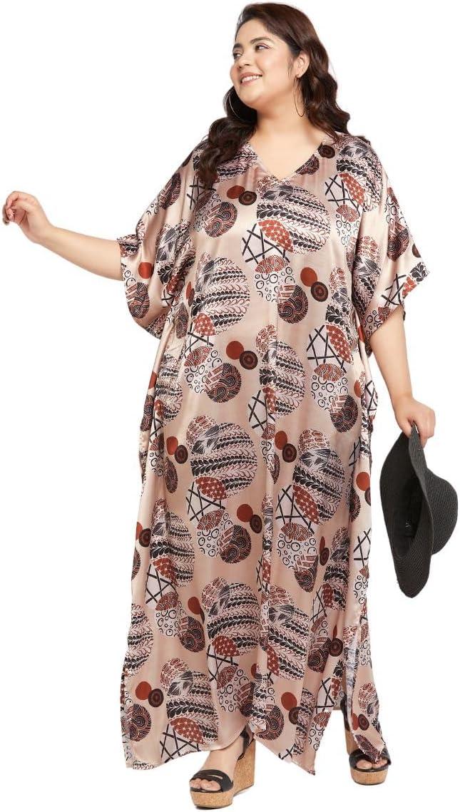 imageCaftans for Women Plus Size Long Satin Pocket Kaftan Dress Beach Swimsuit Cover Up Maxi House DressesBeige