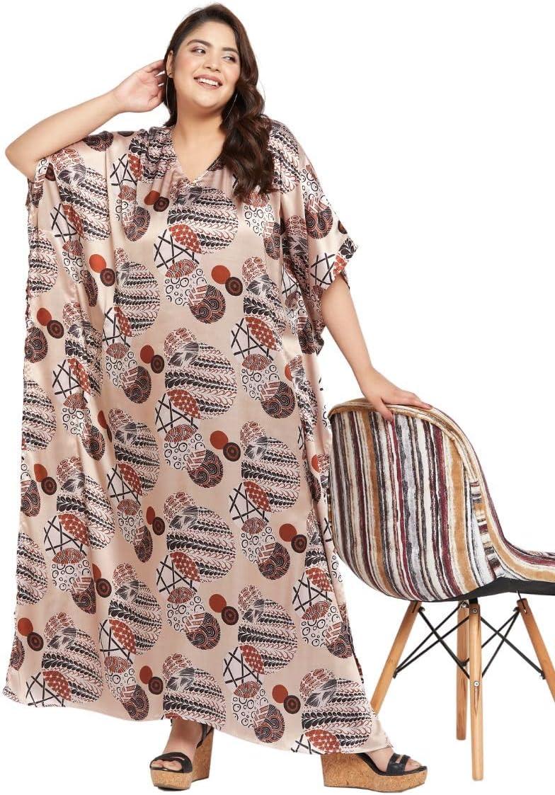 imageCaftans for Women Plus Size Long Satin Pocket Kaftan Dress Beach Swimsuit Cover Up Maxi House DressesBeige