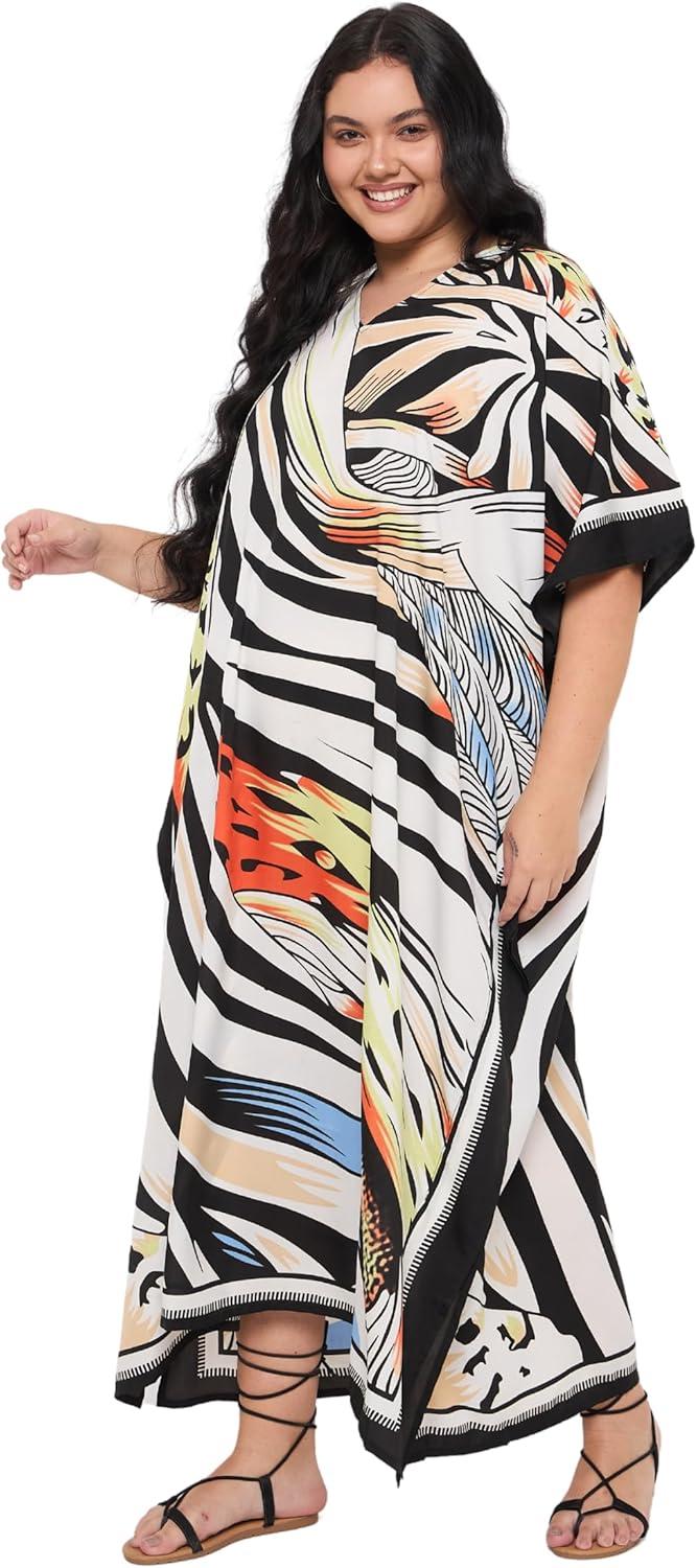 imageGypsie Blu Women Plus Size Kaftan Dress Evening Swimsuit Cover Up Beach Long Maxi Dresses VNeck Mumu for Summer CaftanBeige Abstract Print