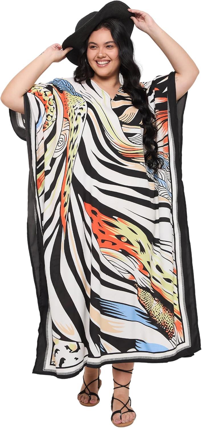 imageGypsie Blu Women Plus Size Kaftan Dress Evening Swimsuit Cover Up Beach Long Maxi Dresses VNeck Mumu for Summer CaftanBeige Abstract Print