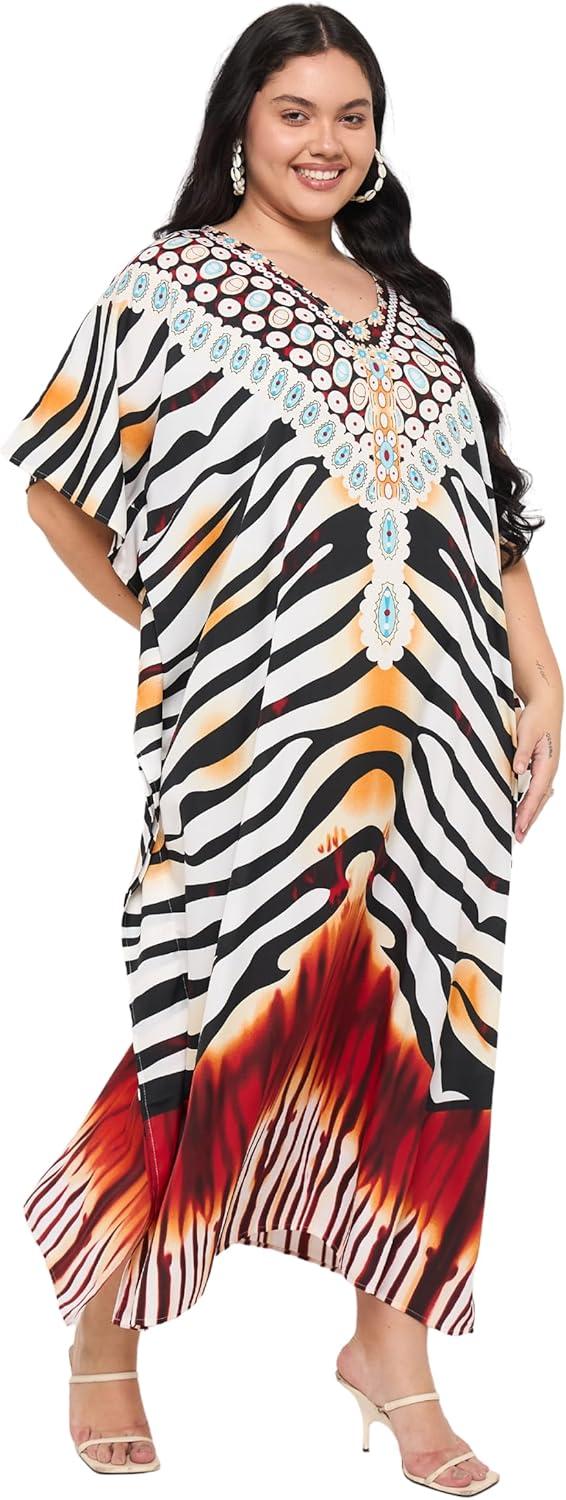 imageGypsie Blu Women Plus Size Kaftan Dress Evening Swimsuit Cover Up Beach Long Maxi Dresses VNeck Mumu for Summer CaftanBlack  White Animal
