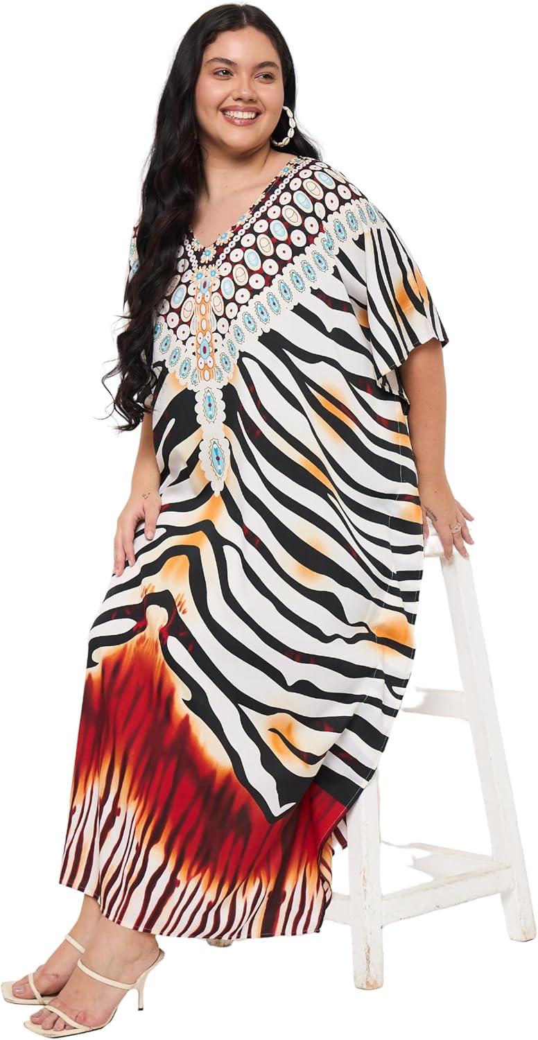 imageGypsie Blu Women Plus Size Kaftan Dress Evening Swimsuit Cover Up Beach Long Maxi Dresses VNeck Mumu for Summer CaftanBlack  White Animal