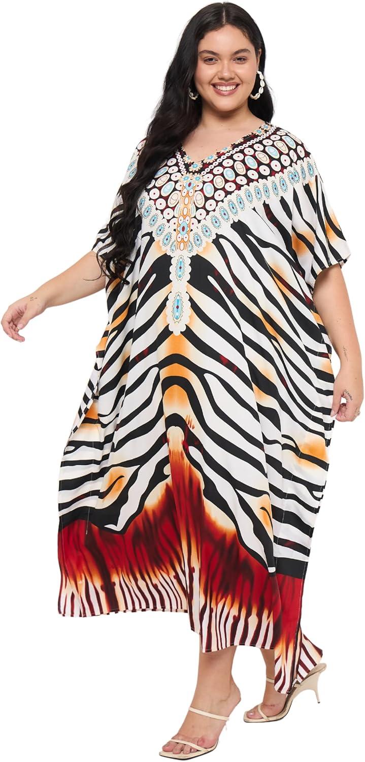 imageGypsie Blu Women Plus Size Kaftan Dress Evening Swimsuit Cover Up Beach Long Maxi Dresses VNeck Mumu for Summer CaftanBlack  White Animal
