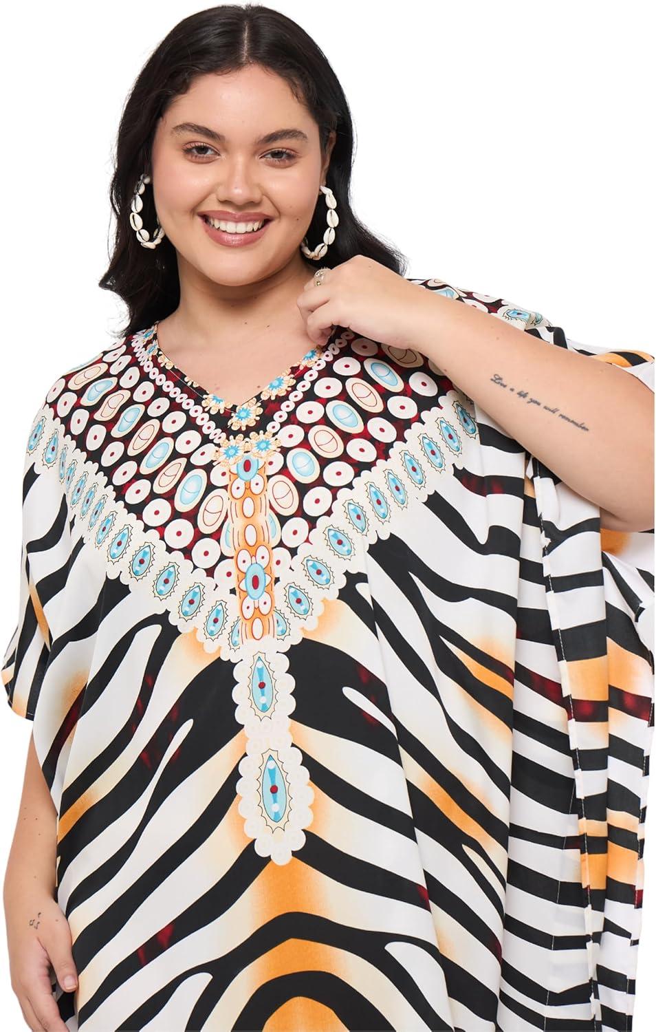 imageGypsie Blu Women Plus Size Kaftan Dress Evening Swimsuit Cover Up Beach Long Maxi Dresses VNeck Mumu for Summer CaftanBlack  White Animal